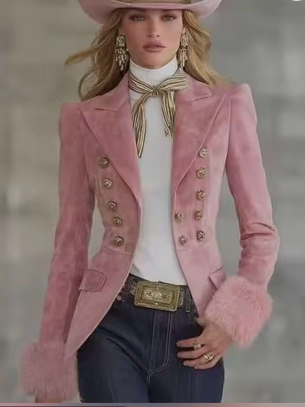 Tailored Pink Velvet Double-Breasted Blazer with Faux Fur Cuffs